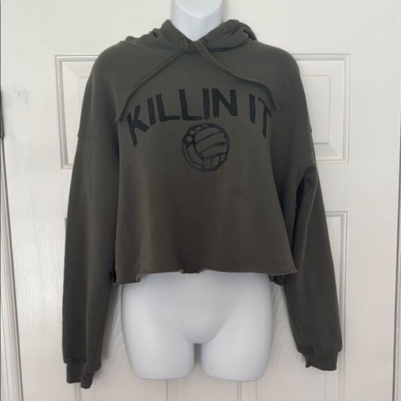 Olive Green 'Killin It' Cropped Volleyball Hoodie Size L - Picture 2 of 7